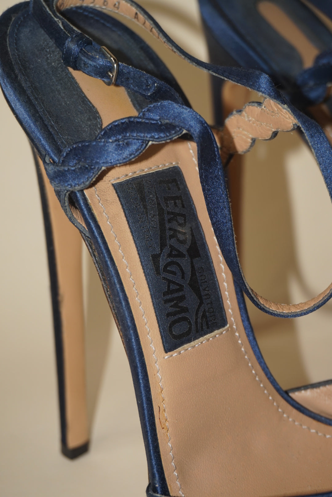 Salvatore Ferragamo Navy Blue Satin Platform 100mm Heel - Size 9