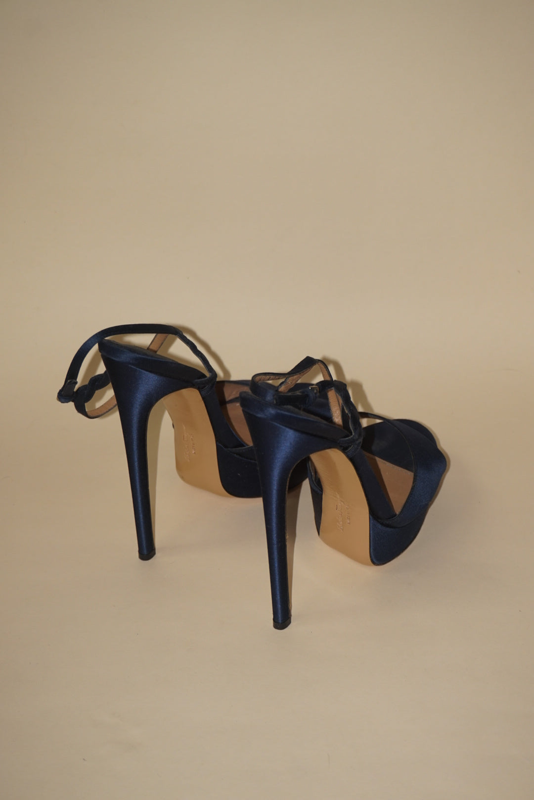 Salvatore Ferragamo Navy Blue Satin Platform 100mm Heel - Size 9