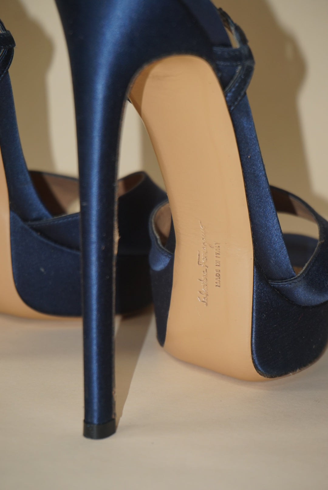 Salvatore Ferragamo Navy Blue Satin Platform 100mm Heel - Size 9