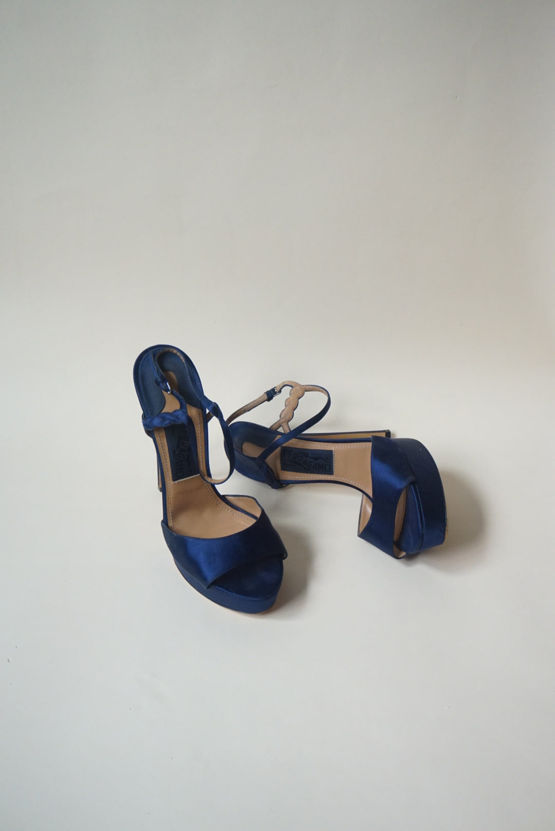 Salvatore Ferragamo Navy Blue Satin Platform 100mm Heel - Size 9