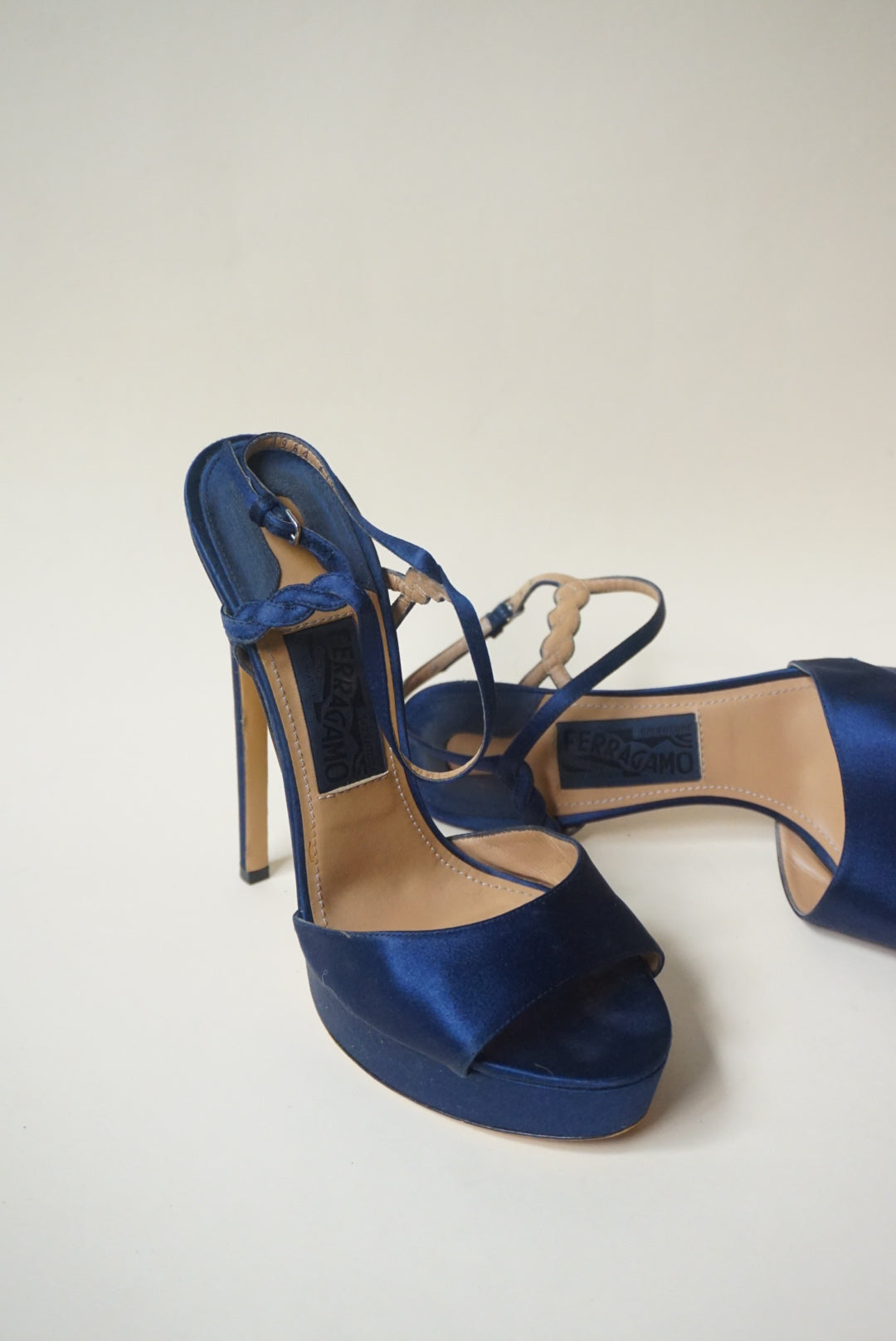 Salvatore Ferragamo Navy Blue Satin Platform 100mm Heel - Size 9