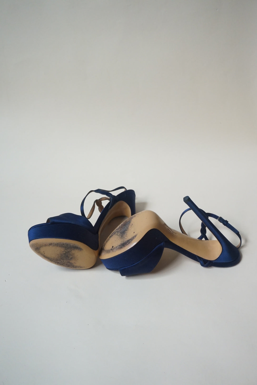 Salvatore Ferragamo Navy Blue Satin Platform 100mm Heel - Size 9