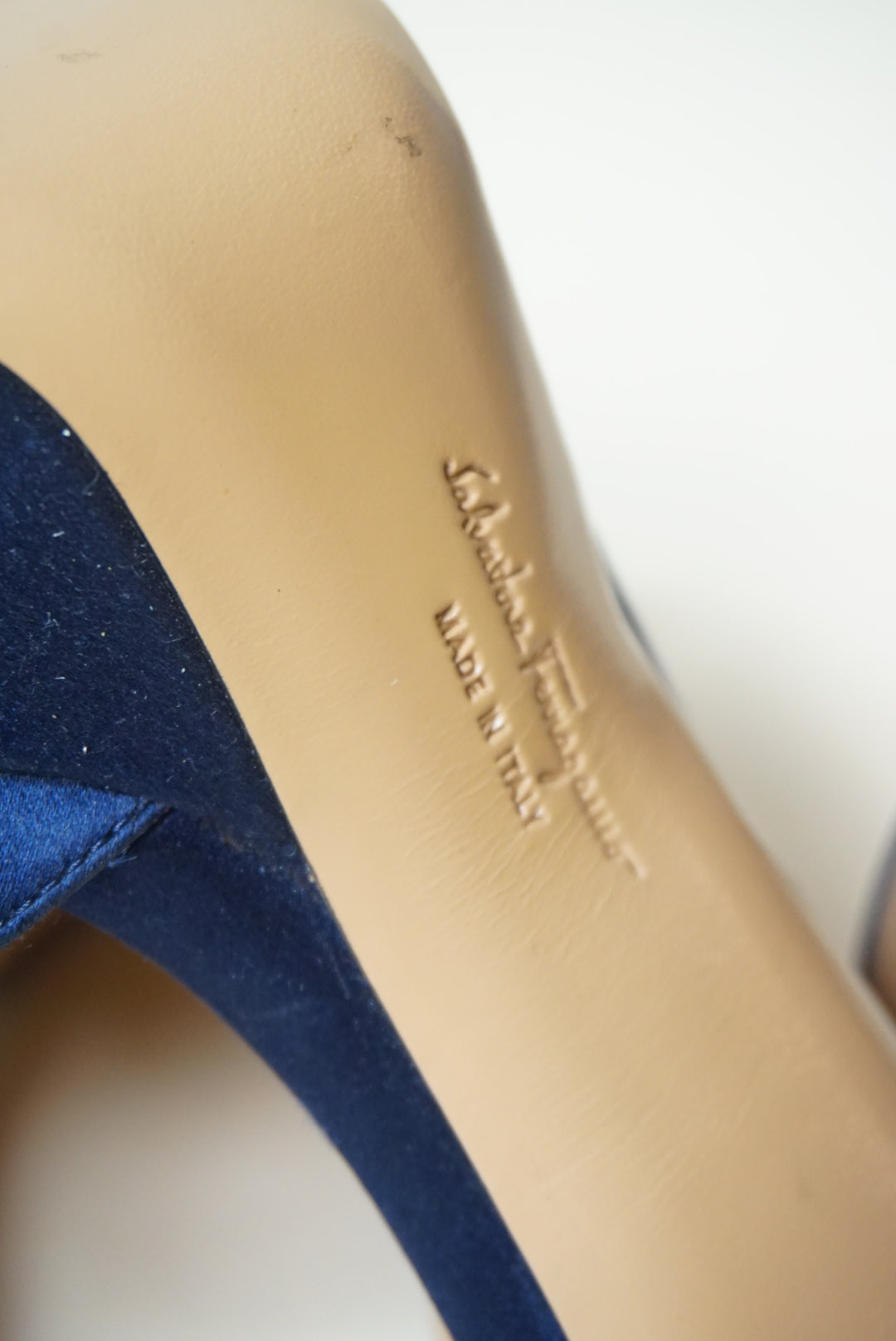 Salvatore Ferragamo Navy Blue Satin Platform 100mm Heel - Size 9