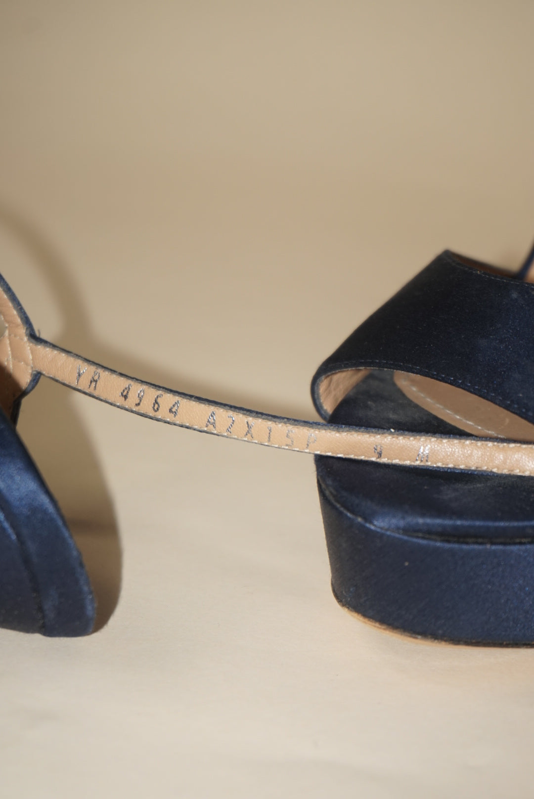 Salvatore Ferragamo Navy Blue Satin Platform 100mm Heel - Size 9
