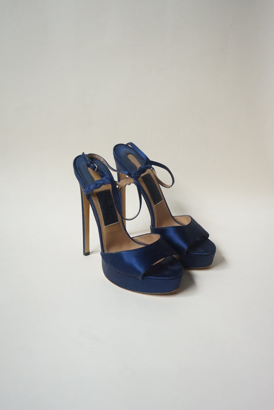Salvatore Ferragamo Navy Blue Satin Platform 100mm Heel - Size 9
