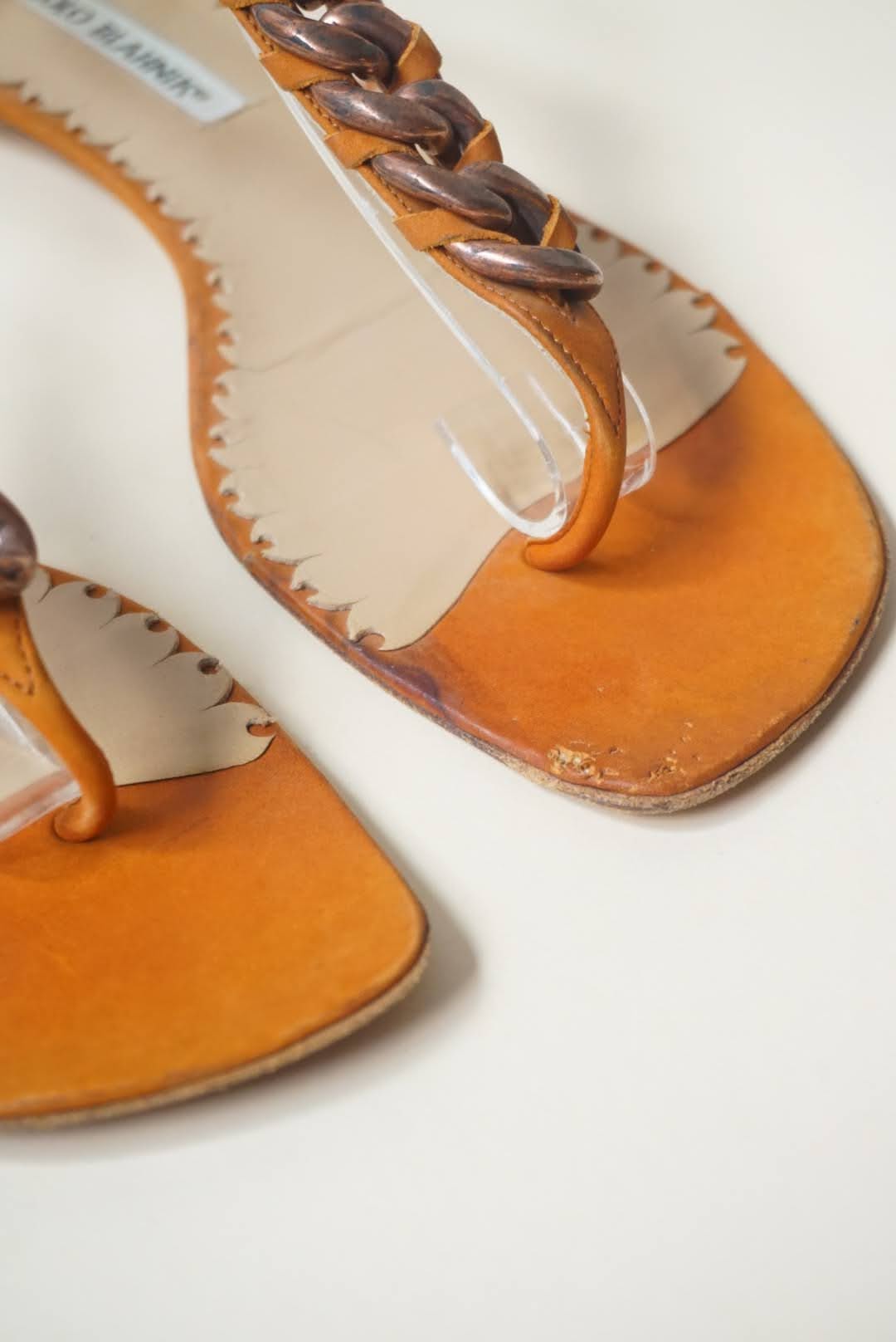 Manolo Blahnik Orange Chain Thong Square Toe Sandals - Size 38.5