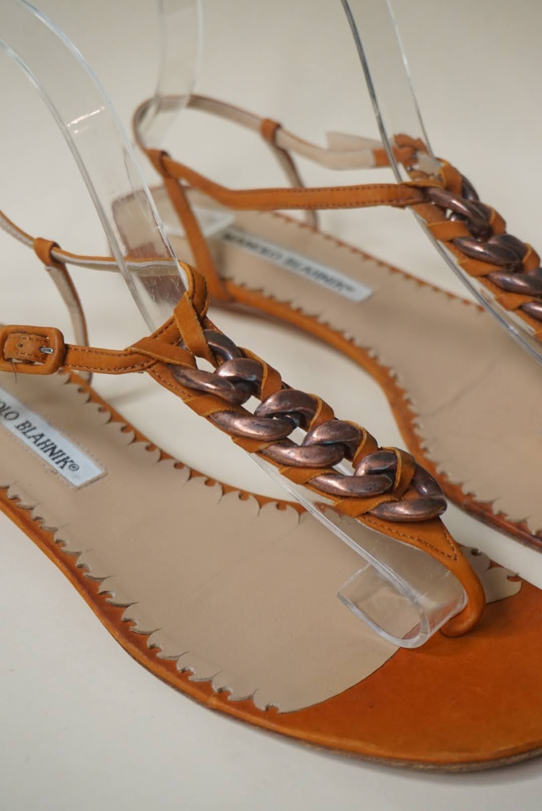 Manolo Blahnik Orange Chain Thong Square Toe Sandals - Size 38.5