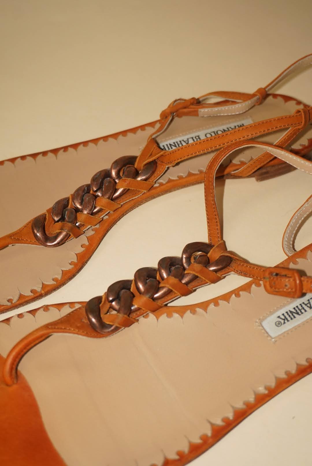 Manolo Blahnik Orange Chain Thong Square Toe Sandals - Size 38.5