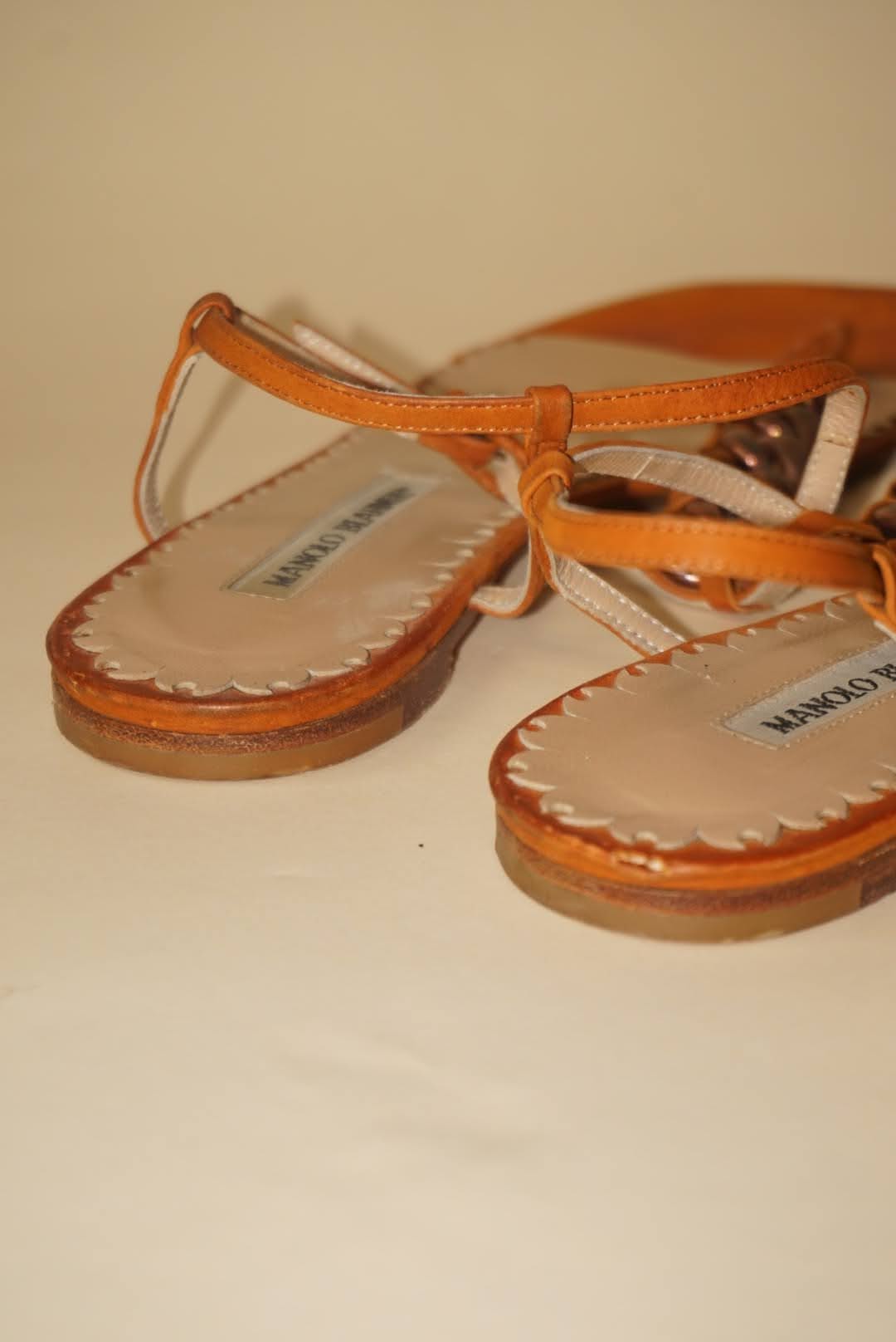 Manolo Blahnik Orange Chain Thong Square Toe Sandals - Size 38.5