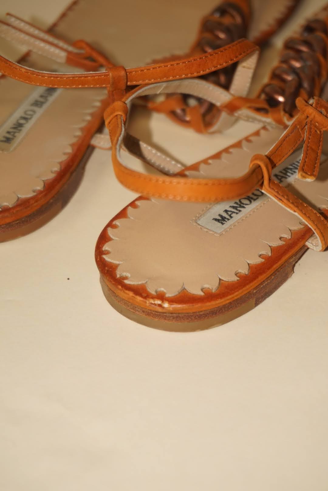 Manolo Blahnik Orange Chain Thong Square Toe Sandals - Size 38.5