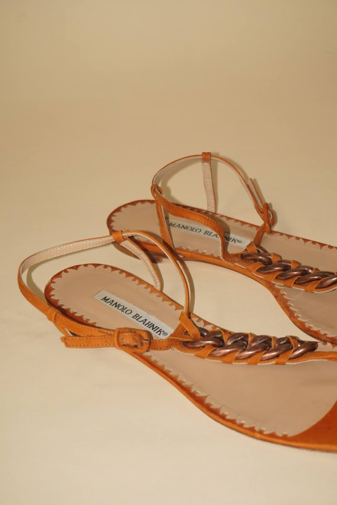 Manolo Blahnik Orange Chain Thong Square Toe Sandals - Size 38.5