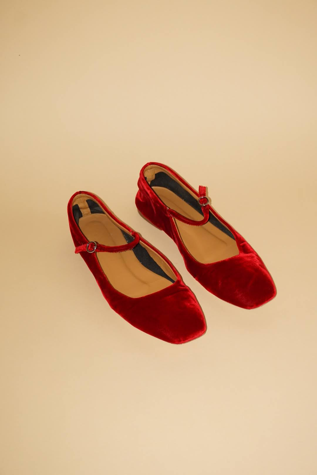 Aeyde Uma Red Velvet Mary Jane Flats - Size 38