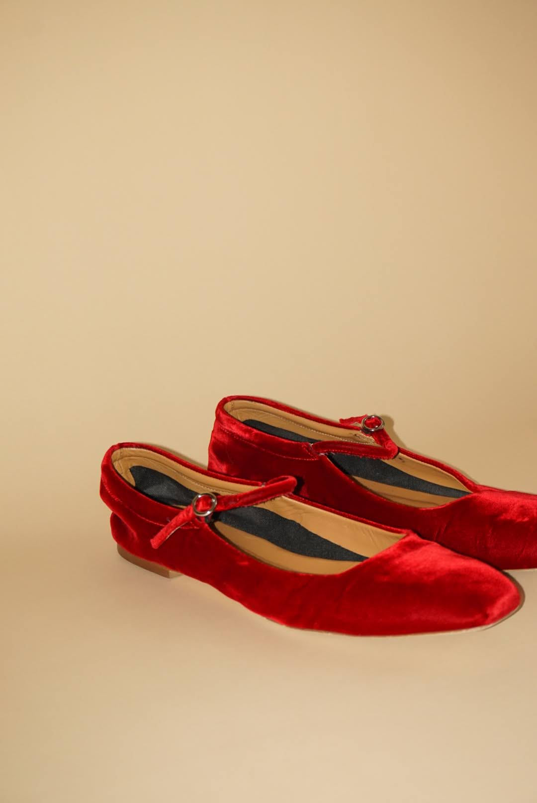 Aeyde Uma Red Velvet Mary Jane Flats - Size 38