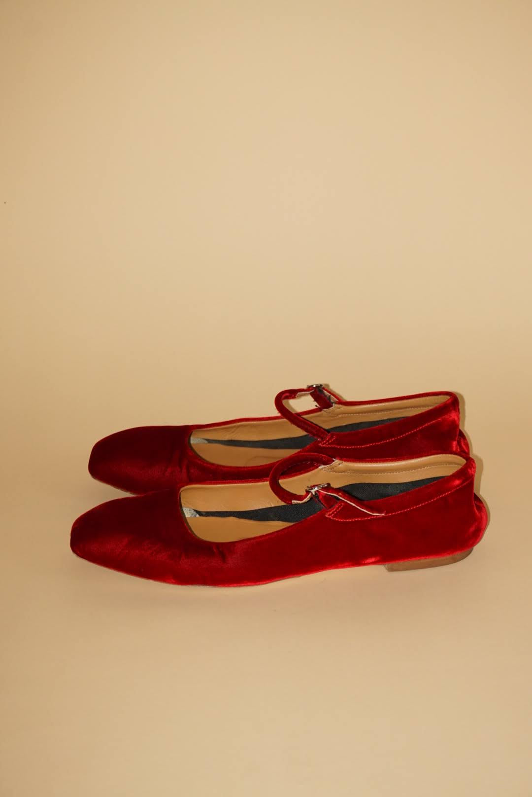 Aeyde Uma Red Velvet Mary Jane Flats - Size 38