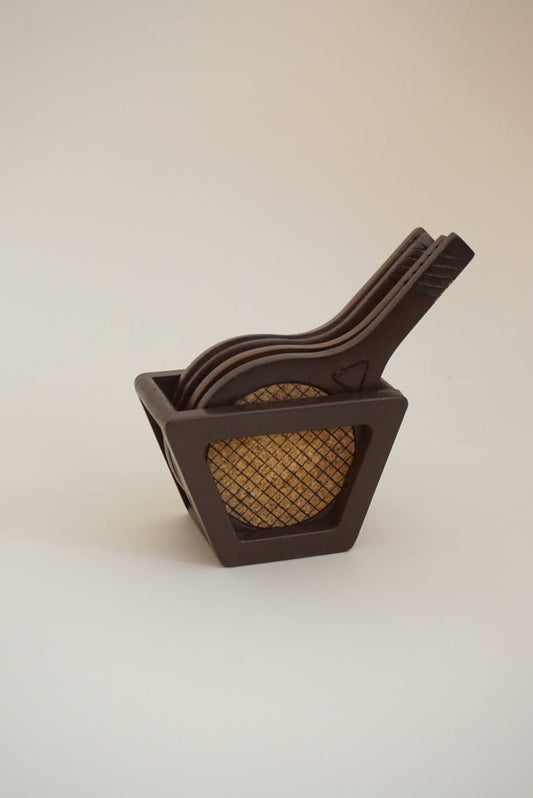 Vintage Wooden Tennis Racquet Coasters Cork Inset With Caddy  - Set of 4