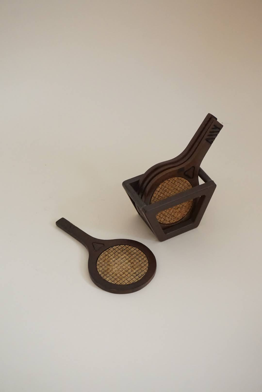 Vintage Wooden Tennis Racquet Coasters Cork Inset With Caddy  - Set of 4