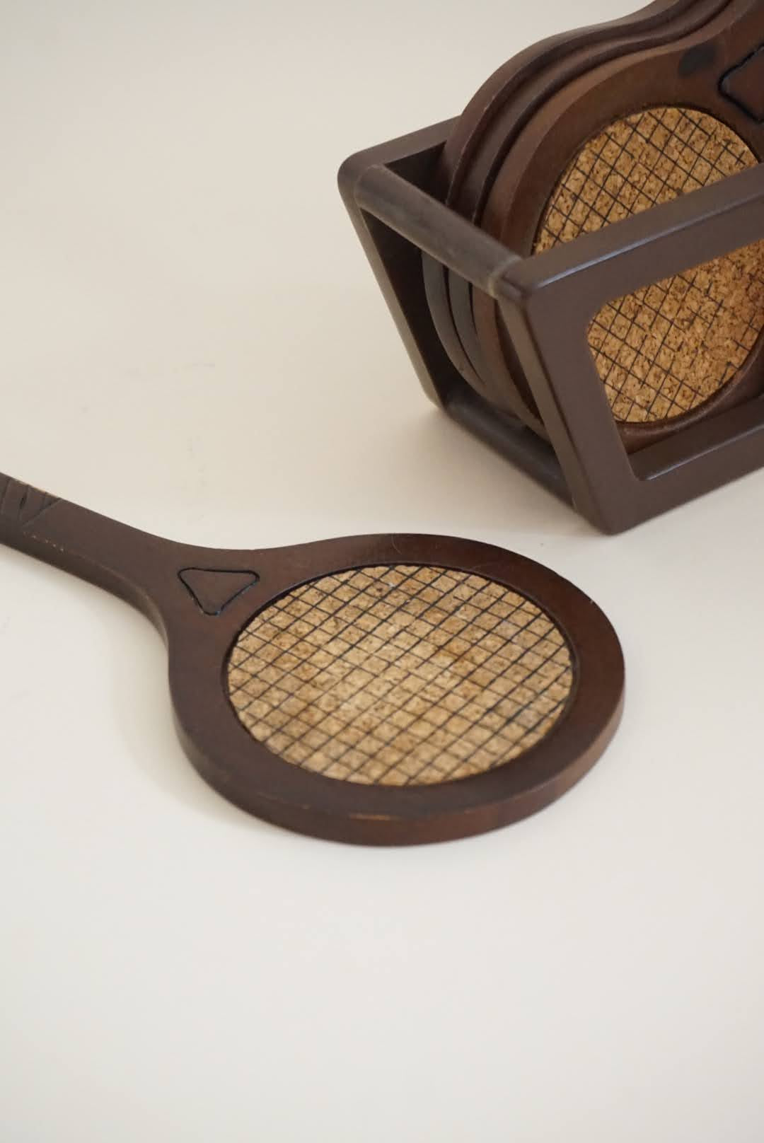 Vintage Wooden Tennis Racquet Coasters Cork Inset With Caddy  - Set of 4