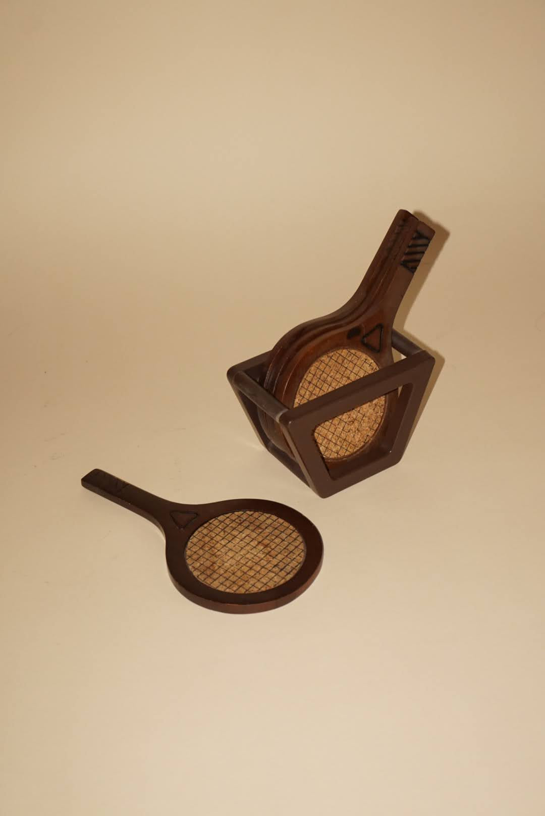 Vintage Wooden Tennis Racquet Coasters Cork Inset With Caddy  - Set of 4