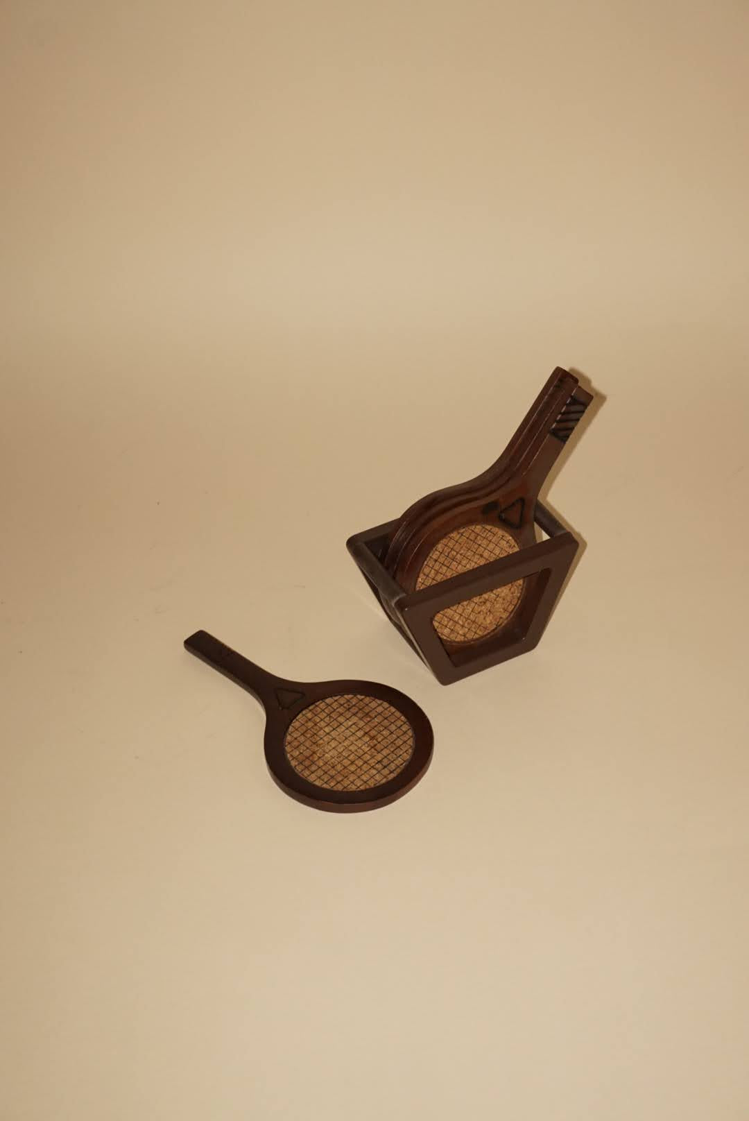 Vintage Wooden Tennis Racquet Coasters Cork Inset With Caddy  - Set of 4