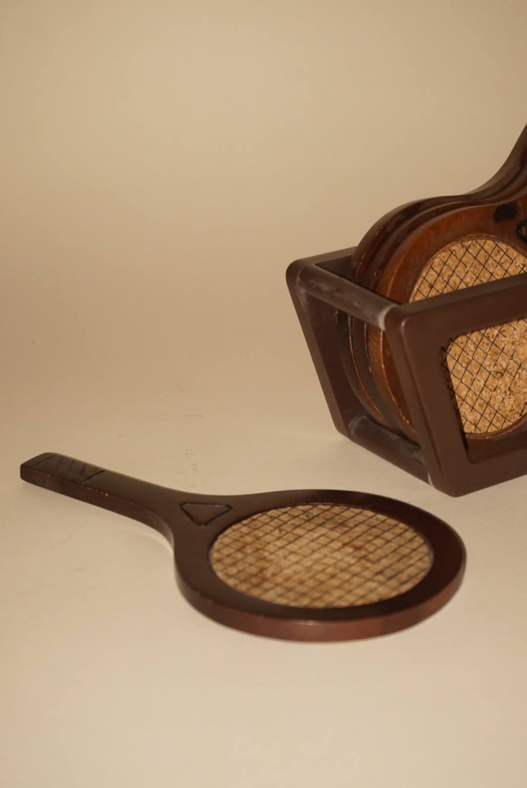 Vintage Wooden Tennis Racquet Coasters Cork Inset With Caddy  - Set of 4