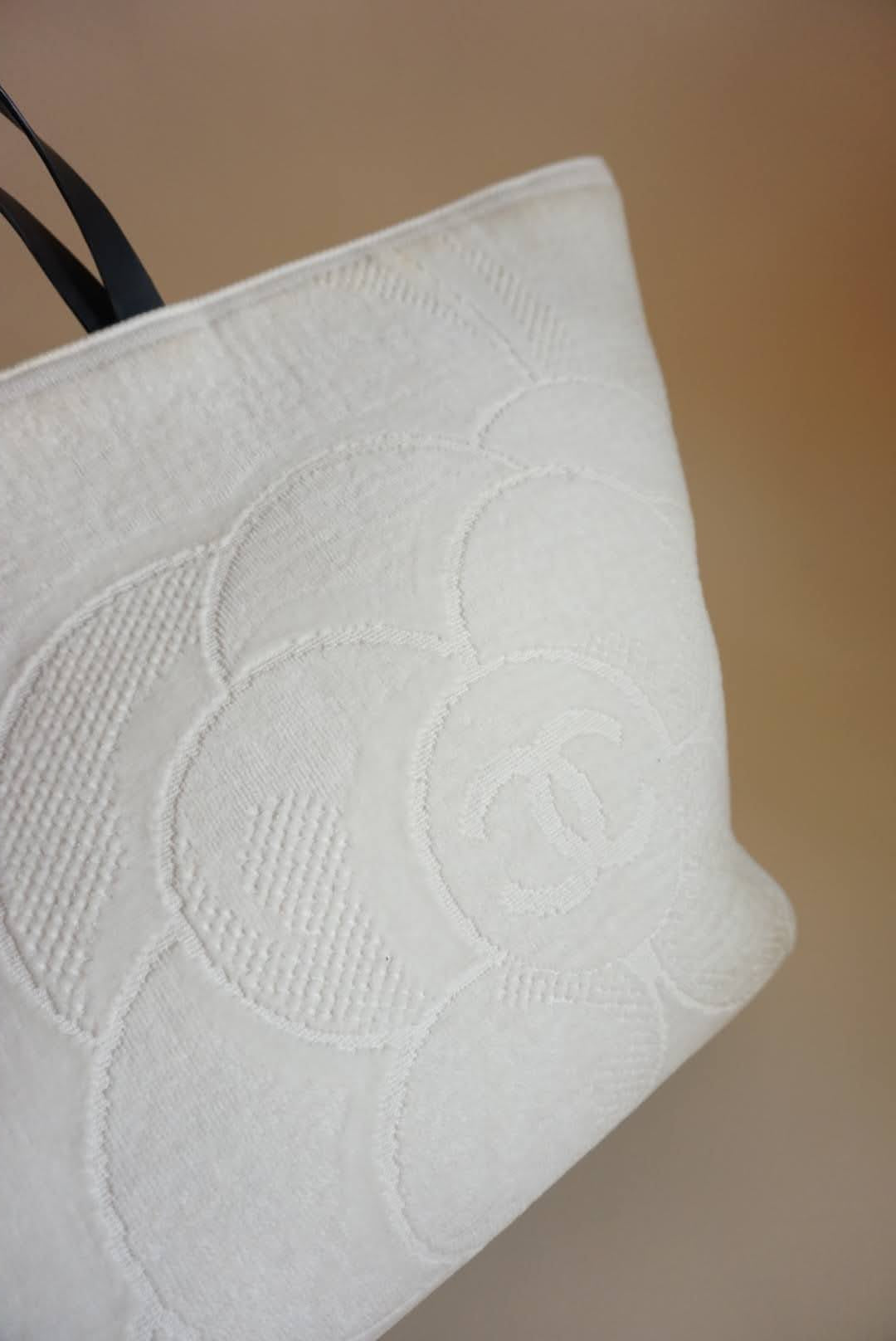 Chanel White Terry Cloth Camellia Flower Beach Tote