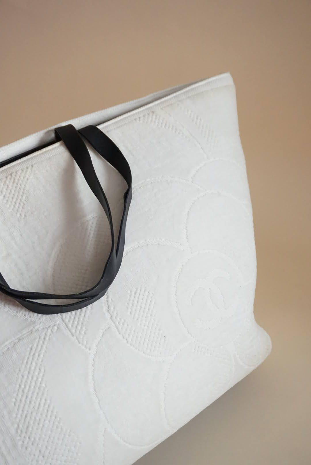 Chanel White Terry Cloth Camellia Flower Beach Tote