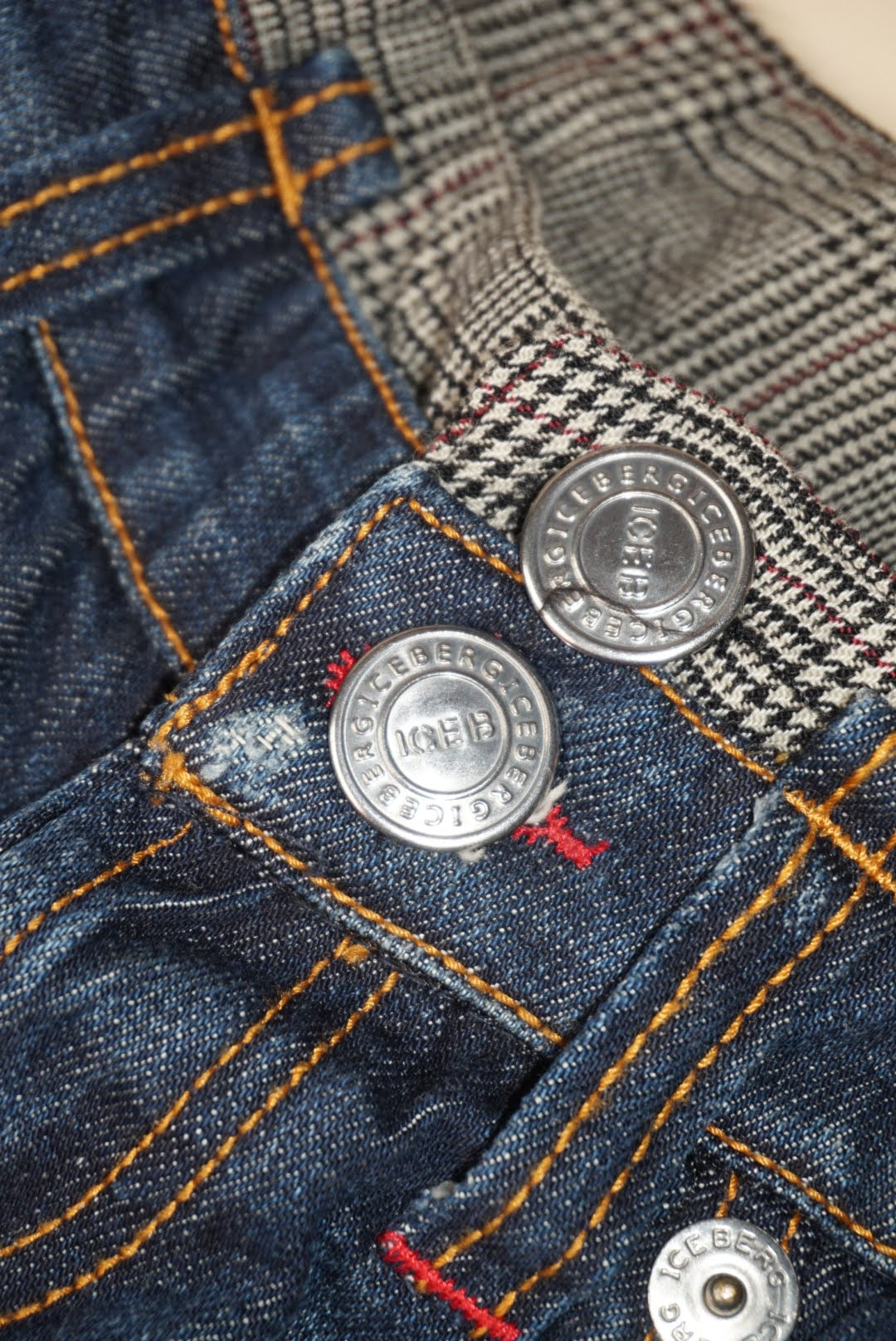 Iceberg Y2K Plaid Herringbone & Denim Lowrise Jeans NWT
