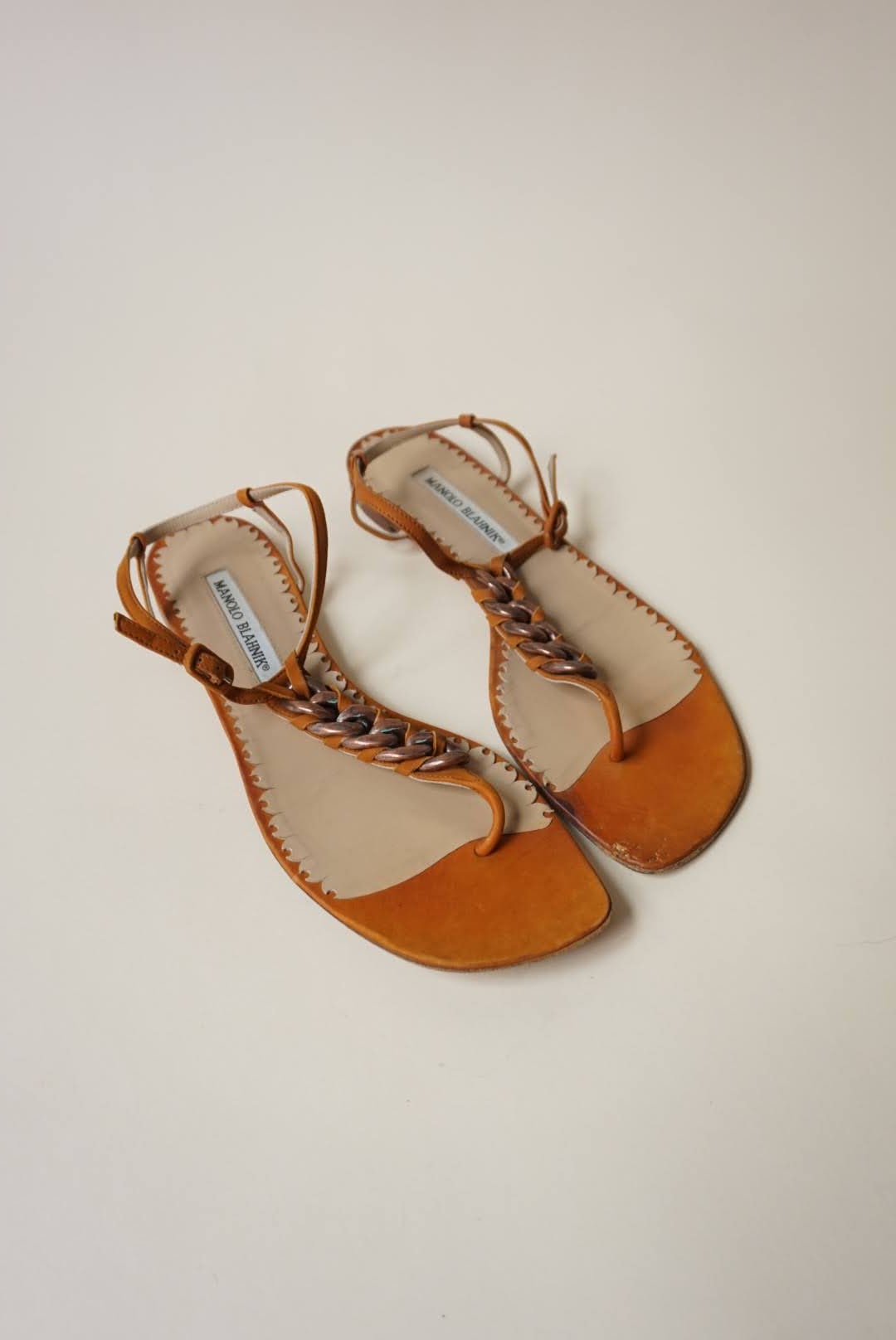 Manolo Blahnik Orange Chain Thong Square Toe Sandals - Size 38.5