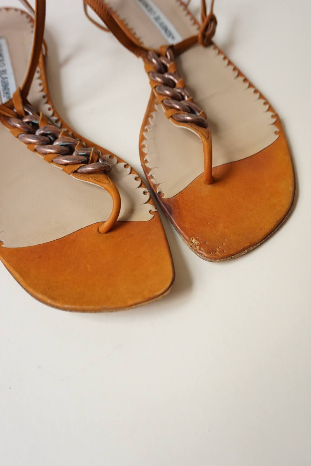 Manolo Blahnik Orange Chain Thong Square Toe Sandals - Size 38.5