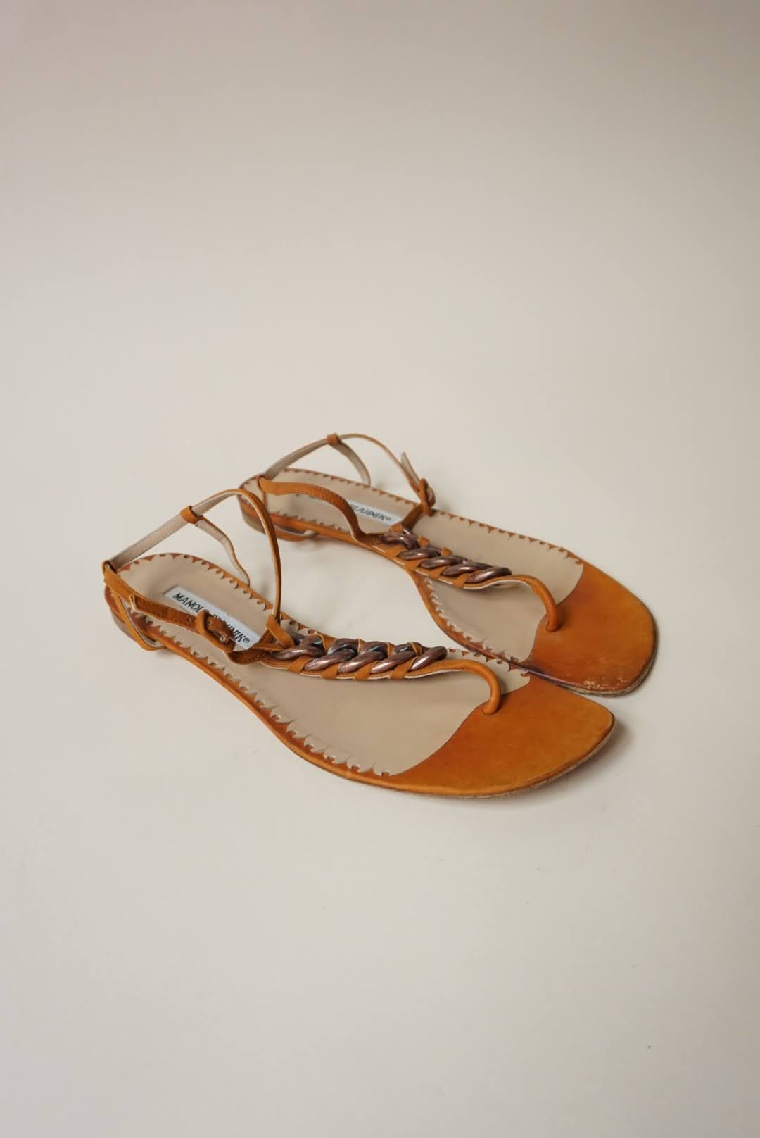 Manolo Blahnik Orange Chain Thong Square Toe Sandals - Size 38.5
