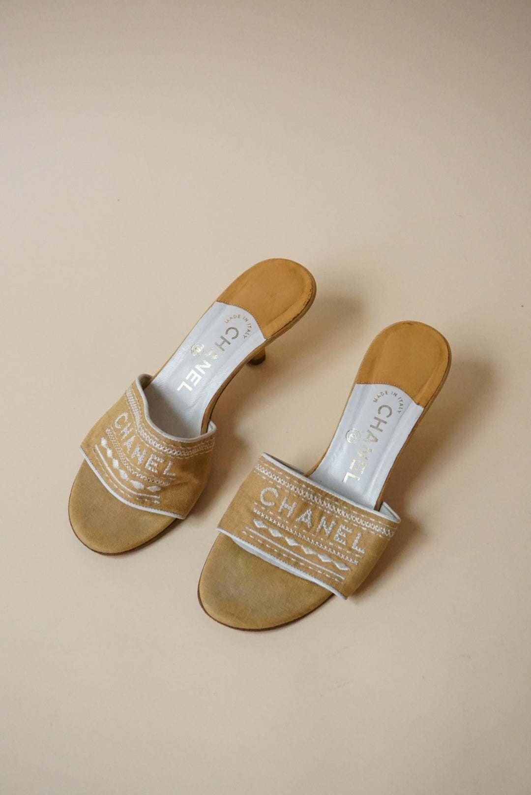 Chanel Vintage Linen Beige Logo Embroidered Heel Slide - Size 37