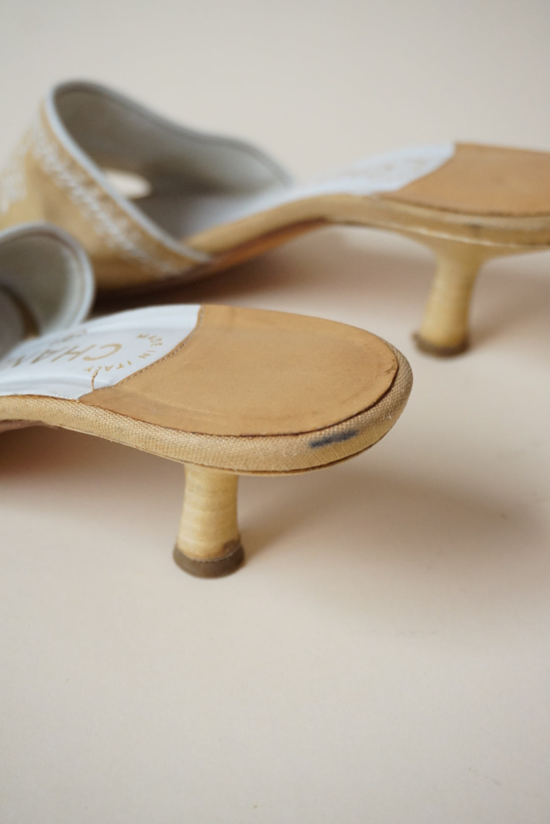 Chanel Vintage Linen Beige Logo Embroidered Heel Slide - Size 37