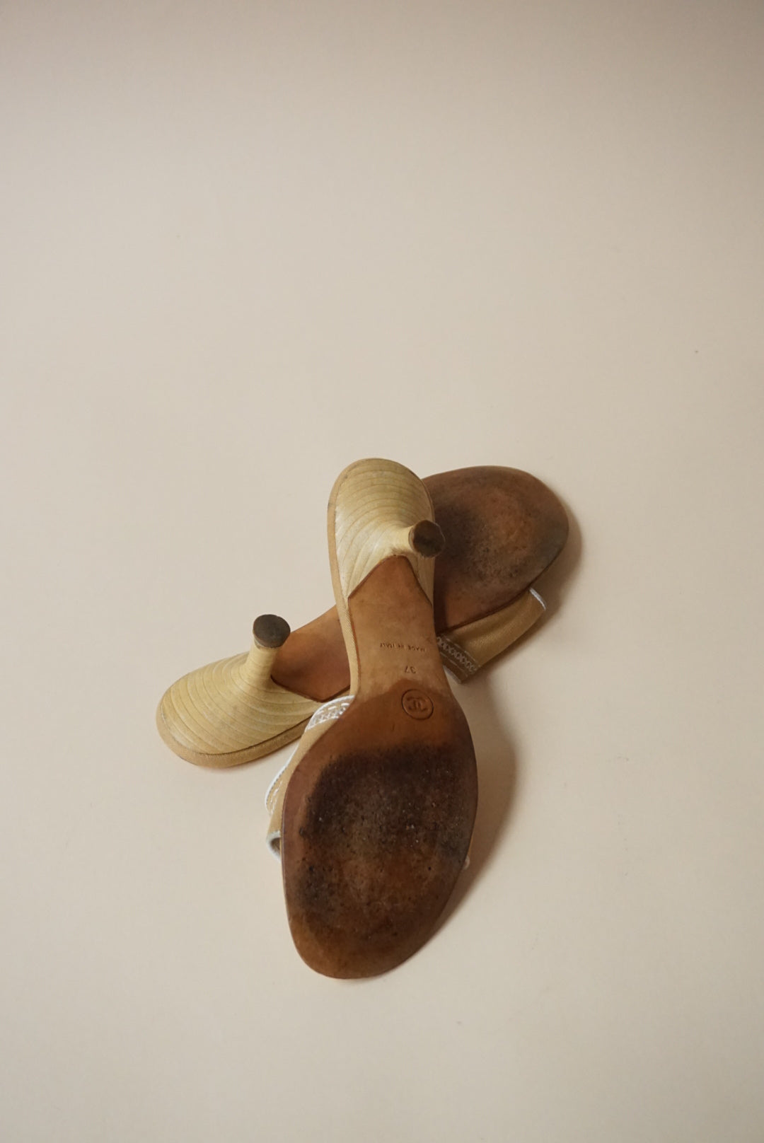 Chanel Vintage Linen Beige Logo Embroidered Heel Slide - Size 37