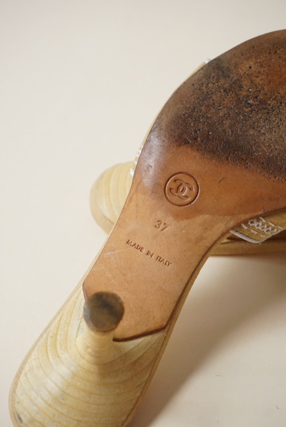Chanel Vintage Linen Beige Logo Embroidered Heel Slide - Size 37