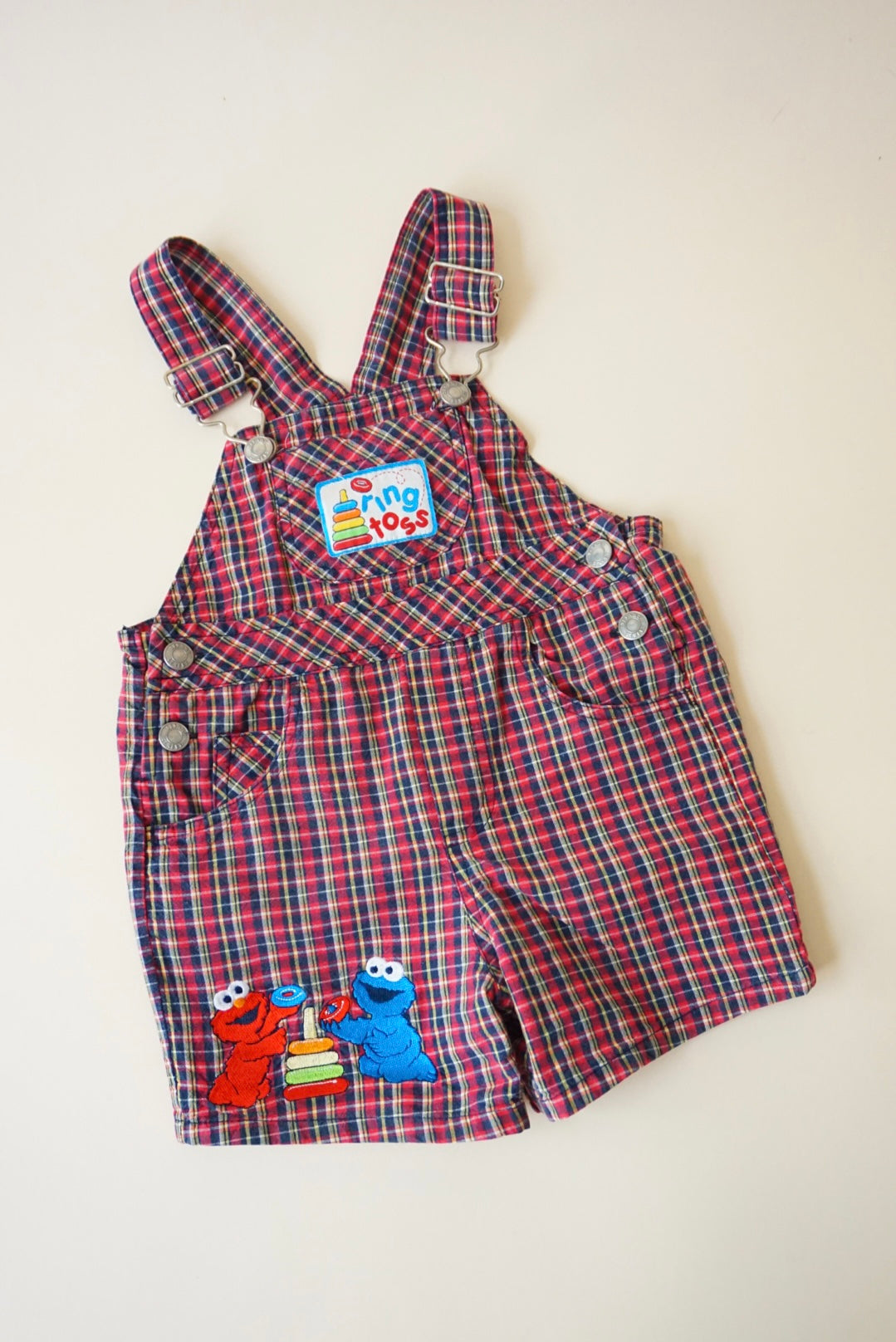 Vintage Sesame Street Elmo Cookie Monster Ring Toss Plaid Overalls - Size 18M