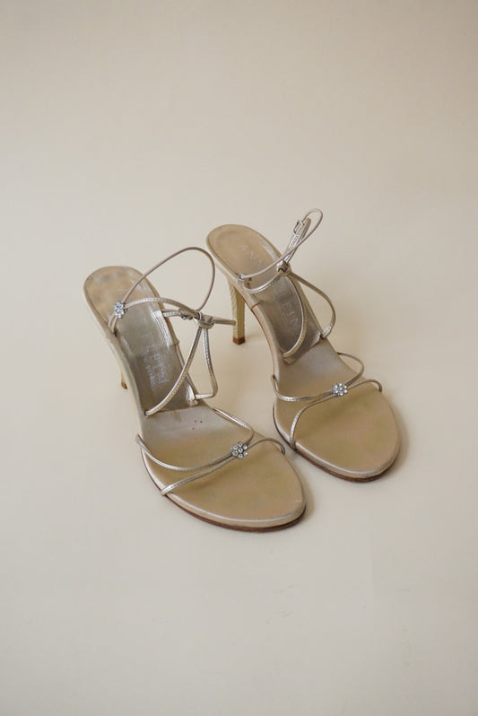 Vintage Anne Klein Collection Sandal Rhinestone Flower Heels - Size 8.5
