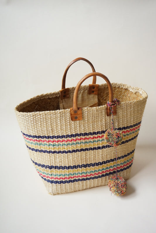 MAR Y SOL Caracas Striped Sisal/ Seagrass Pom Pom Market Tote