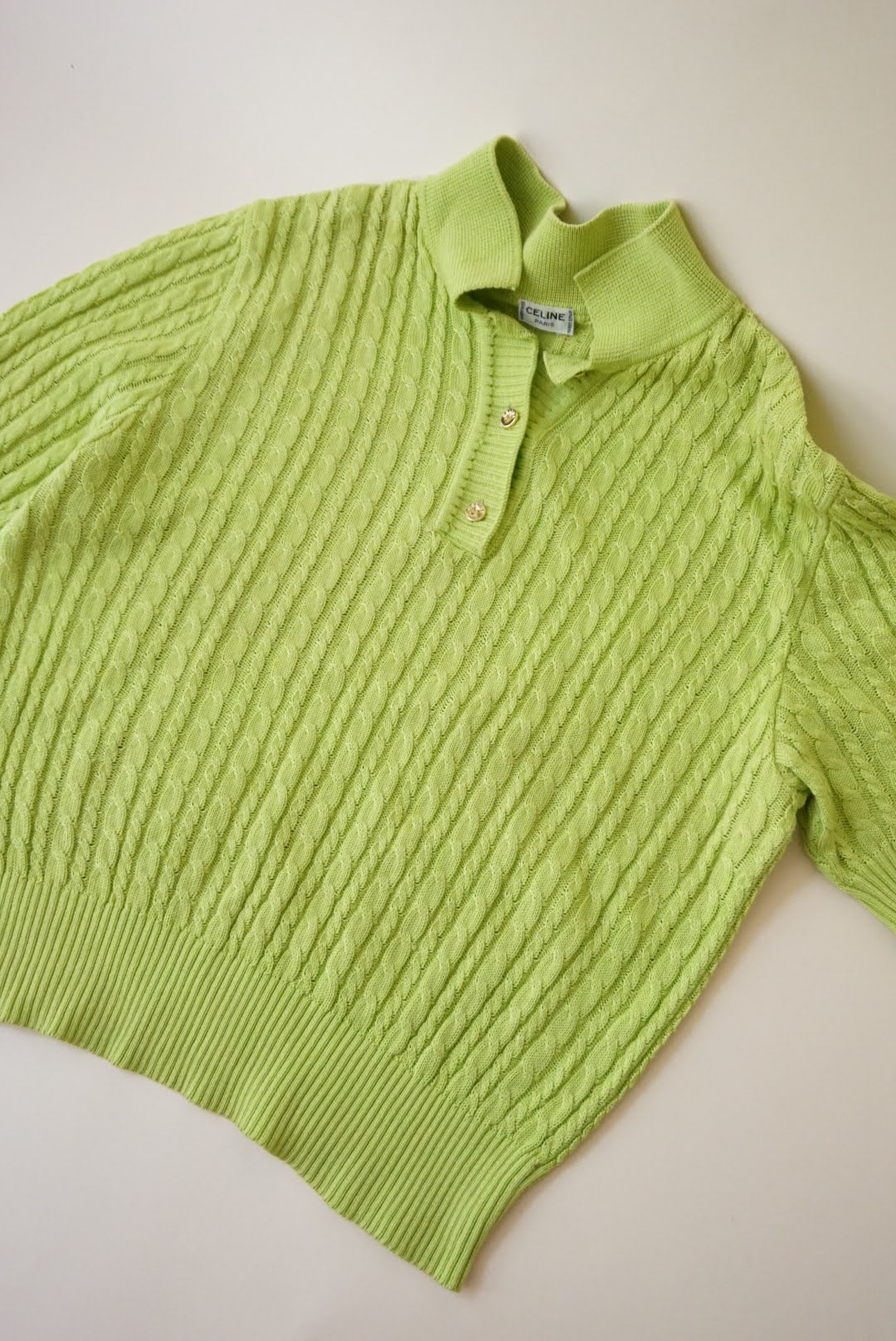 Celine Cable Knit Lime Green Vintage Polo - Size Large (46)