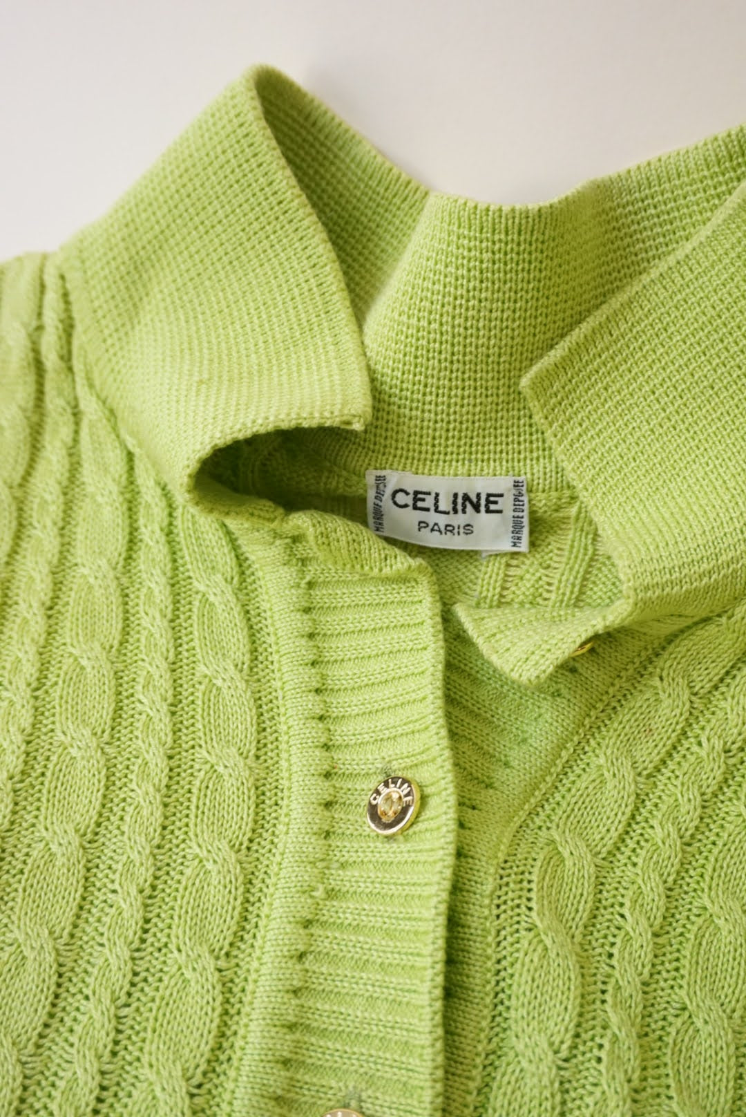 Celine Cable Knit Lime Green Vintage Polo - Size Large (46)