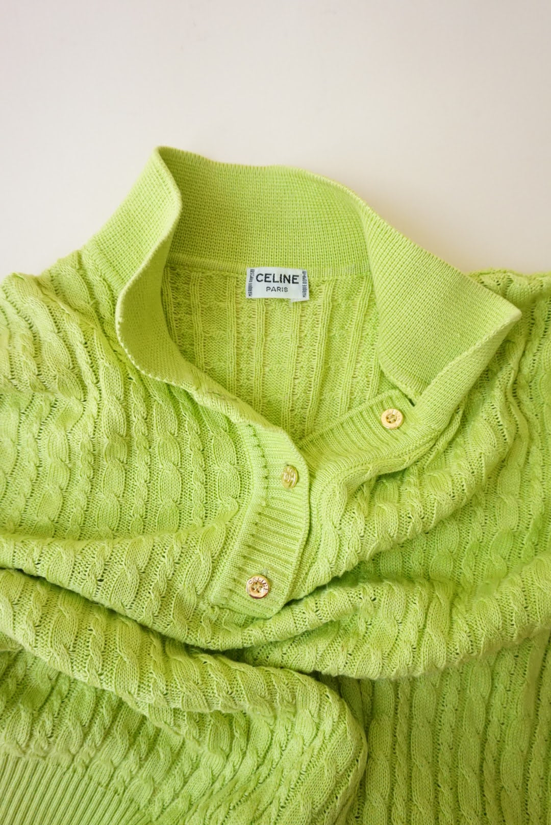 Celine Cable Knit Lime Green Vintage Polo - Size Large (46)
