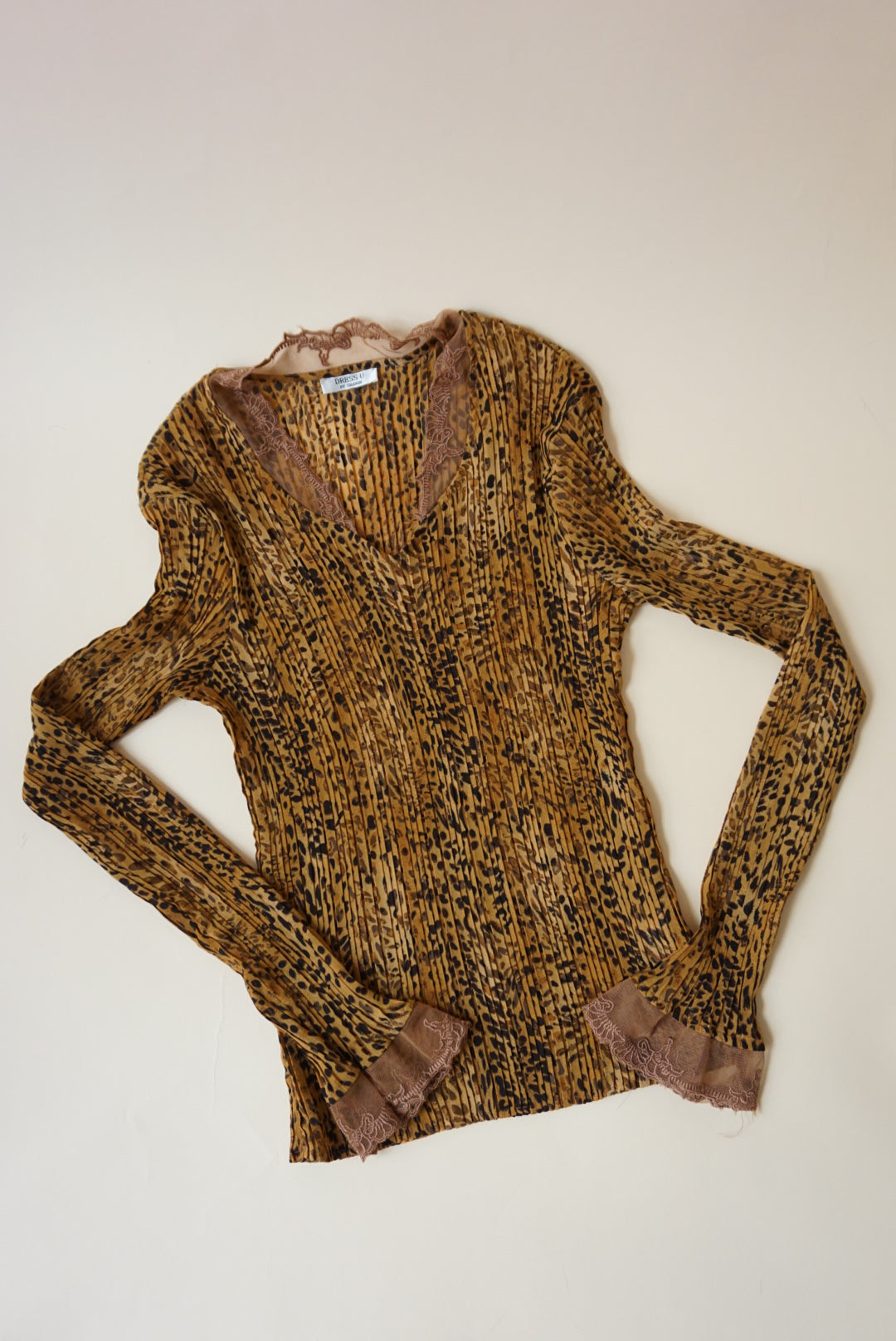 Dress-U by Sharon Leopard Lace Crinkle Pleated Y2K Blouse - Size Large