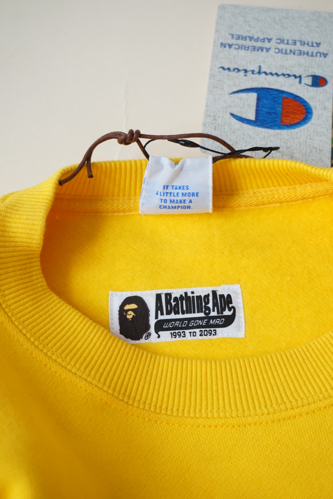 BAPE A Bathing Ape Yellow Champion Crewneck Pull Over NWT - Size Medium