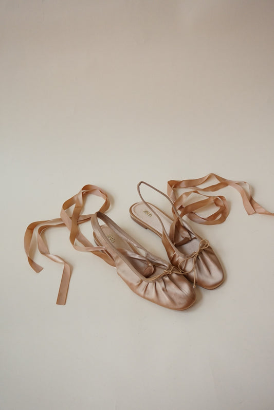 Zara Sateen Ballet Blush Slingback Lace Up Flats - Size 37