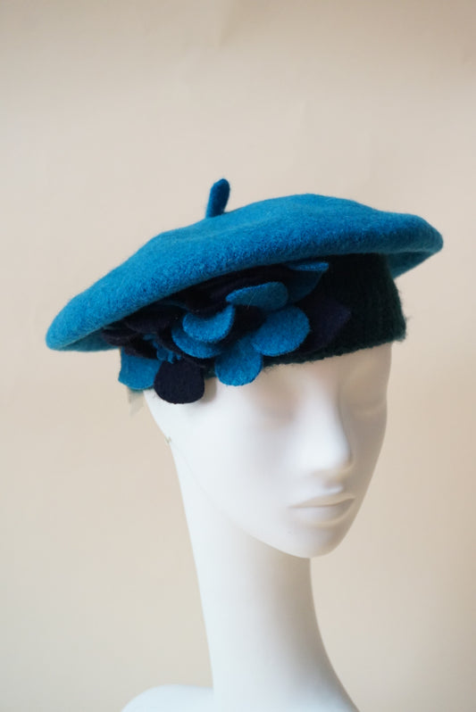 Vintage Forbusite Teal / Green Floral Applique Wool Barret NWT