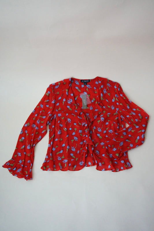 J.Crew Floral Ruffle Red Tie Front Blouse NWT - Size 4