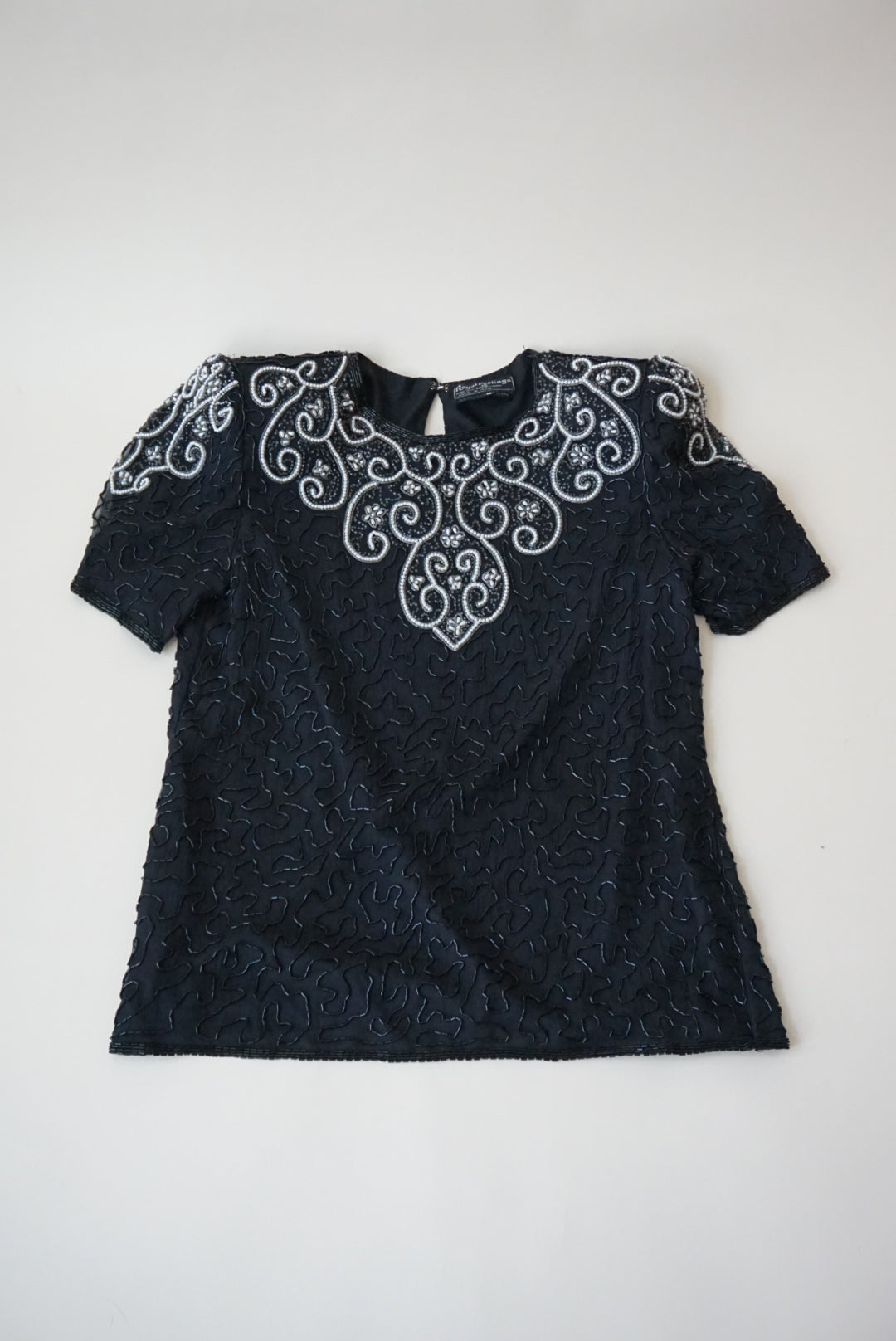 Vintage Royal Feelings Beaded Black / White Silk Blouse - Size Medium
