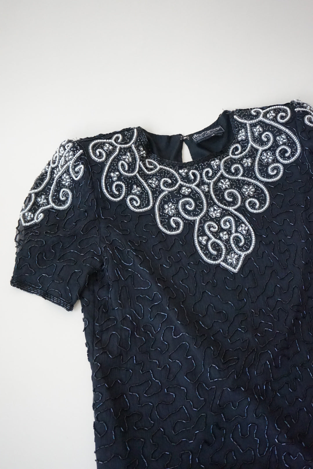 Vintage Royal Feelings Beaded Black / White Silk Blouse - Size Medium