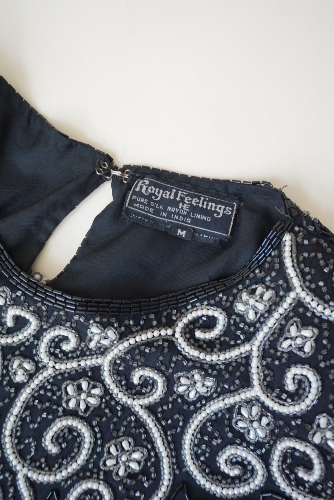 Vintage Royal Feelings Beaded Black / White Silk Blouse - Size Medium