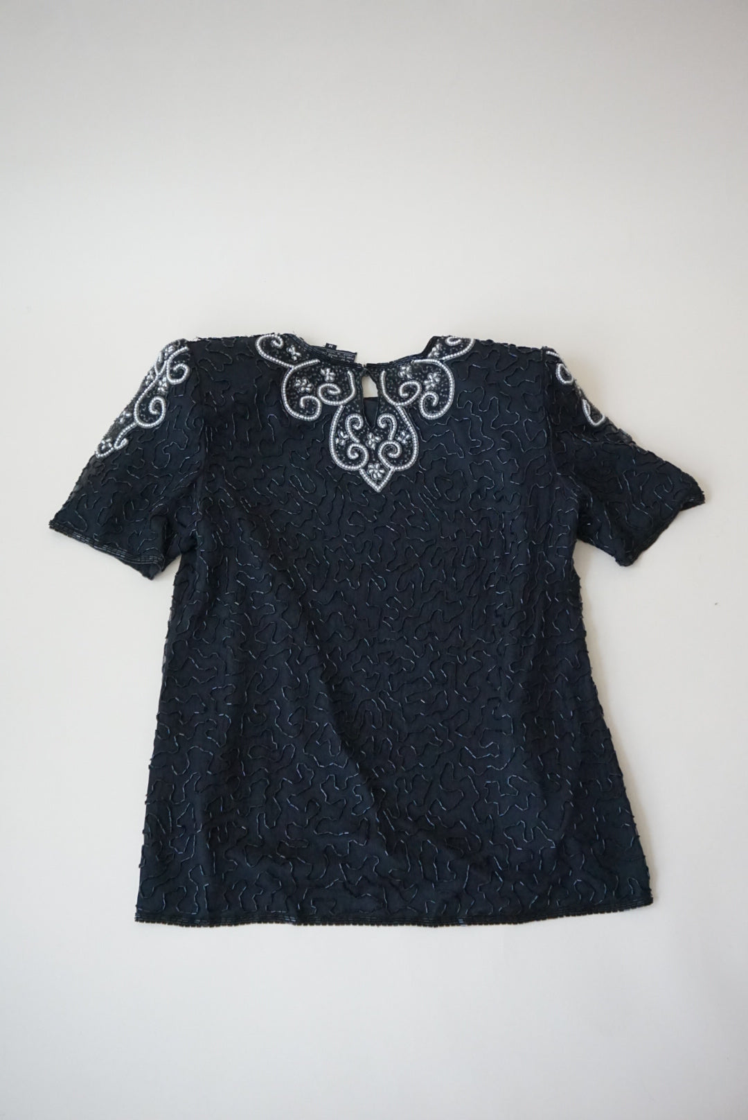 Vintage Royal Feelings Beaded Black / White Silk Blouse - Size Medium