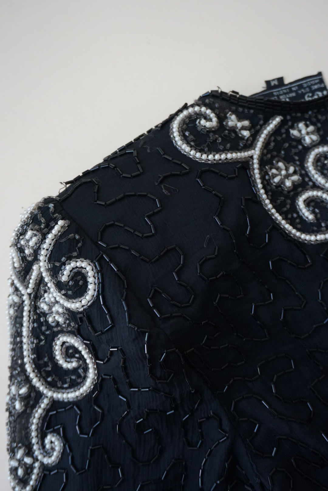 Vintage Royal Feelings Beaded Black / White Silk Blouse - Size Medium